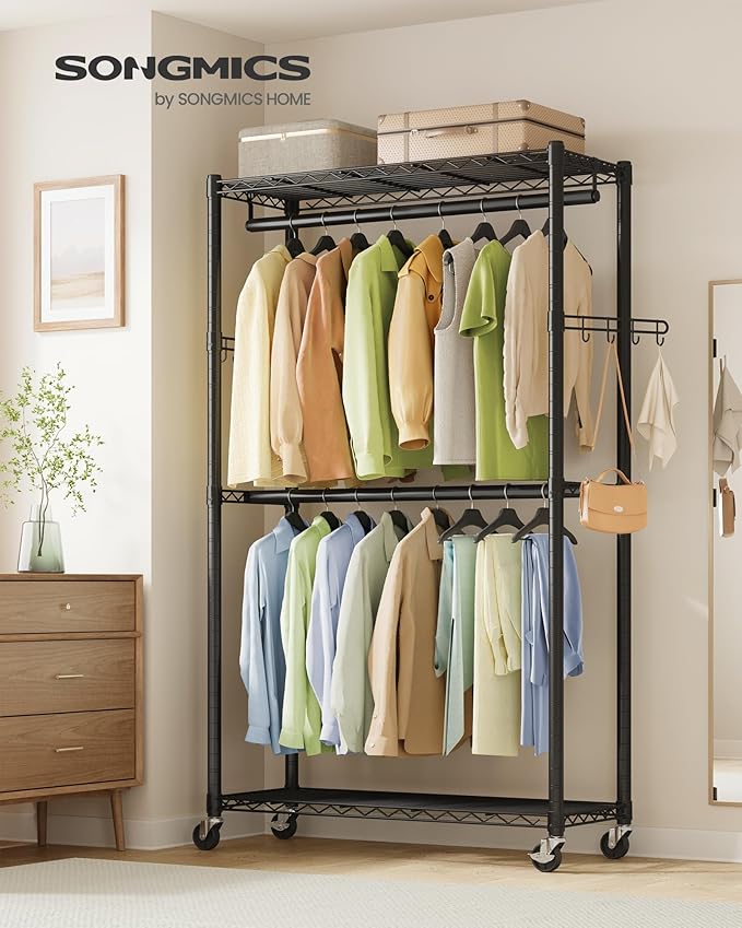 SONGMICS Heavy-Duty Rolling Clothes Rack, Garment Rack, Portable Closet on Wheels, with Adjustable Mesh Shelves and Hanging R