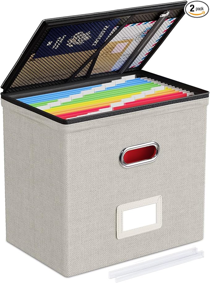 Oterri File Organizer Boxes with Lids, File Box with Mesh Pockets, Document Organizer Box for Letter Size Folders, Zippers Im