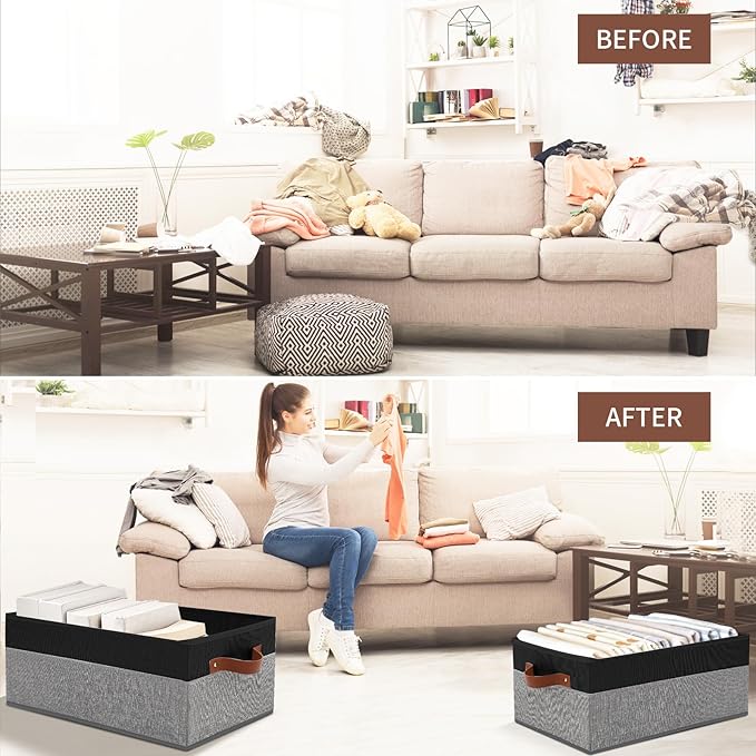 3 Pack Large Capacity Storage Bins Closet Organizer for Shelves, Fabric Closet Storage Baskets Boxes with Leather Handles for
