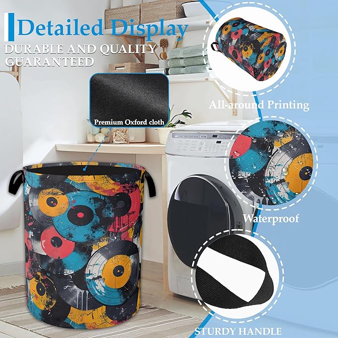 Music Graffiti Laundry Hamper Disc Collapsible Laundry Basket Clothes Toy Storage Bin for Bathroom Bedroom Room Decor 16 X 20