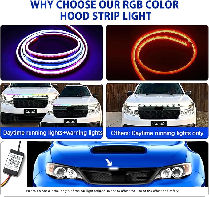 DREAMIZER 94" RGB Car Led Hood Light Strip Multicolor Exterior Dynamic Car Led Strip Lights Waterproof Flexible Light Strip with Fuse Protection Daytime Running Hood Lights for Truck,Cars,SUV,Pickups