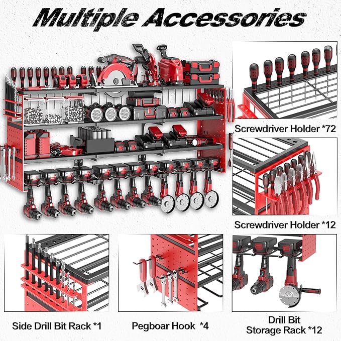 Power Tool Organizer Wall Mount, Cordless Drill Hanger Storage Rack 8 Drill Holder, 4 Layer Heavy Metal Large Capacity Tool R