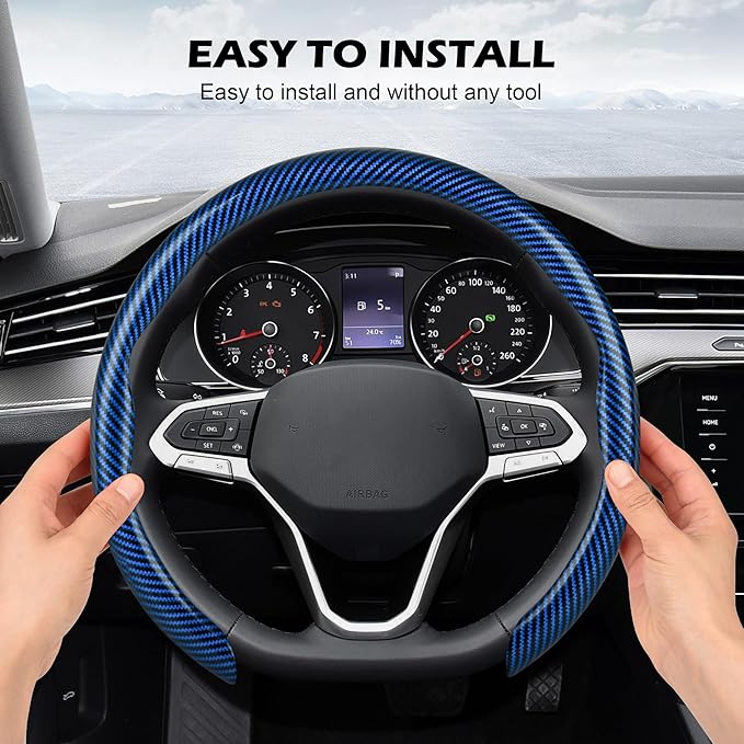 Frani Leather Steering Wheel Cover,Universal Fit 15 Inch-Premium Non-Slip Breathable Comfort Grip for Cars Trucks SUVs,Anti-Slip Durable Interior Upgrade Carbon Fiber Pattern (Blue)