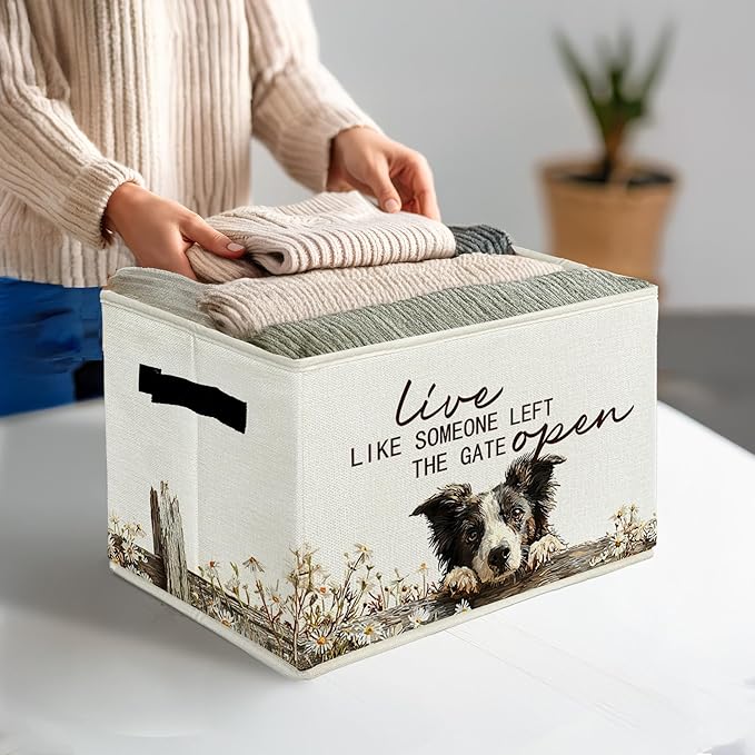 Border Collie Gifts Storage Bins with Handles, Rustic Farmhouse Dog Foldable Basket for Organizing, Live Like Someone Left th