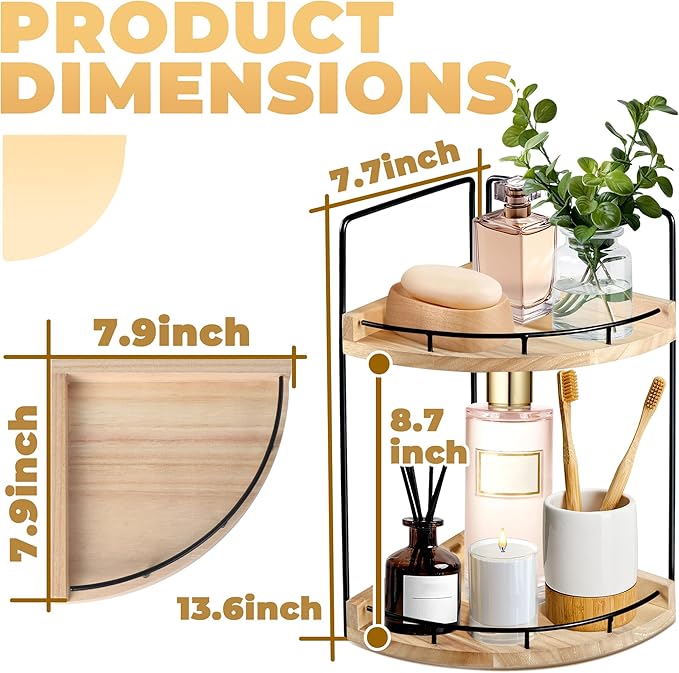 2 Tier Bathroom Counter Organizer, Bathroom Counter Tray and Vanity Organizer, Wood Corner Countertop Tray for Kitchen, Dress
