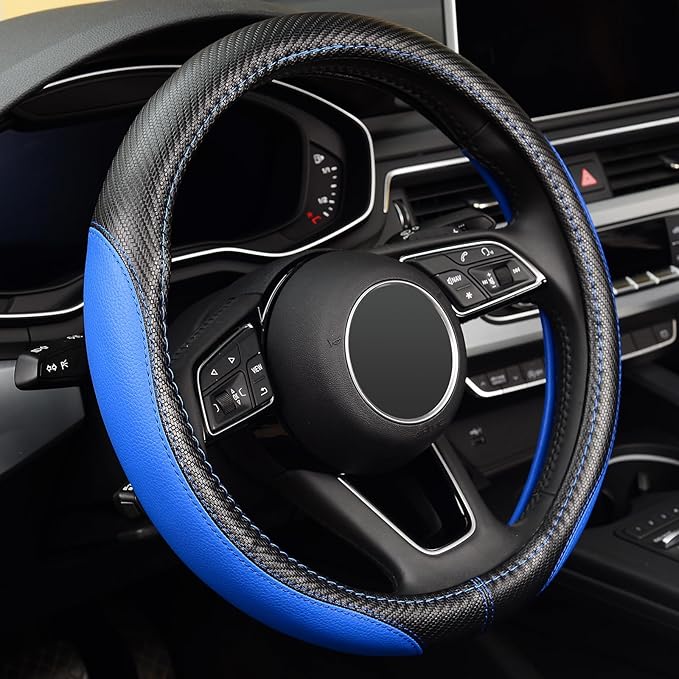 LABBYWAY Microfiber Leather Auto Car Steering Wheel Cover, Universal Fit 15 Inch Anti-Slip Wheel Protector, Blue