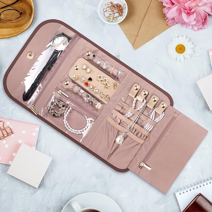 Travel Jewelry Organizer Box, Foldable Travel Case for Earrings, Necklaces, Rings, Bracelets, Red Sandalwood