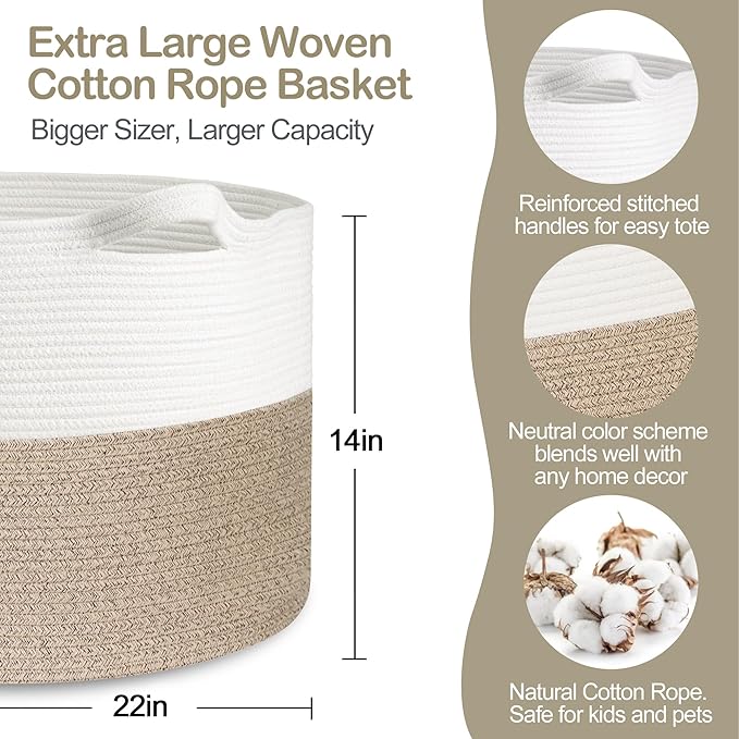 MEGASKET Large Rope Storage Basket, 22" X 22" X 14" Extra Large Woven Baskets for Storage, Cotton Rope Basket for Blankets To