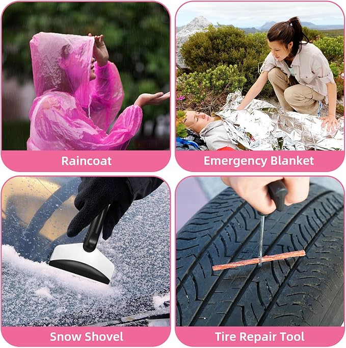 Roadside Emergency Car Kit for Vehicles, Pink Car First Aid Kit Emergency Kit with Jumper Cables, Car Safety Kits, Tow Strap,