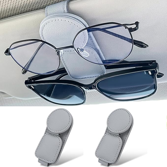 KIWEN 2 Pack Sunglasses Holder for Car Visor, Magnetic Leather Sunglass Eyeglass Hanger Clip for Car Sun Visor Accessories (2, Black)