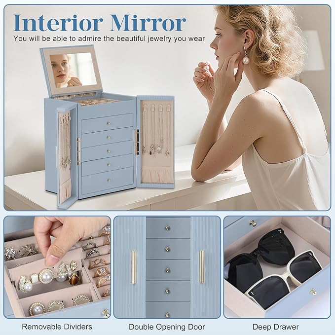 Dajasan Large Jewelry Organizer Box with Mirror, Jewelry Storage Organizer with 5 Drawers, 6-Tier Jewelry Gift Box for Women,