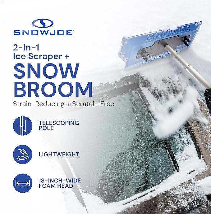 Snow Joe 18" Telescoping Snow Broom & Ice Scraper for Cars, No-Scratch Foam Brush - Long and Extendable Ice Removal Tool for Car Window and Automotive Windshield, SJBLZD