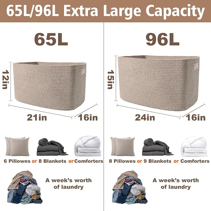 JMvicyroam Woven Blanket Basket,65L Large Storage Bin for Blankets Toys Clothes,Decorative Rope Basket for Living Room Bedroo