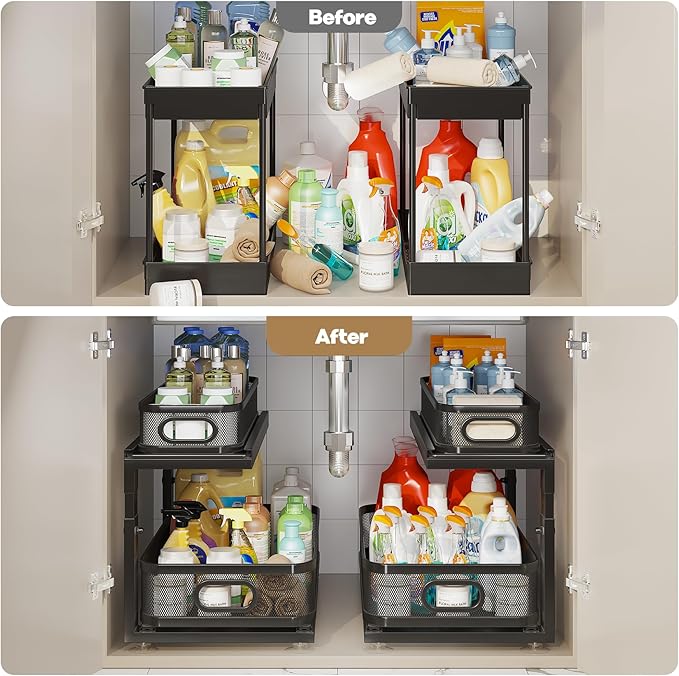 2 Pack 21IN-Depth Under Sink Organizer With Next-Gen Ball-Bearing Slides,2-Tier Precision Mesh Pull Out Cabinet Storage for B