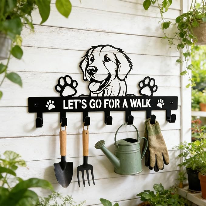 Golden Retriever Key Holder, Dog Leash Holder for Wall with 7 Hooks, Black Decorative Small Key Hanger for Entryway&Front Doo