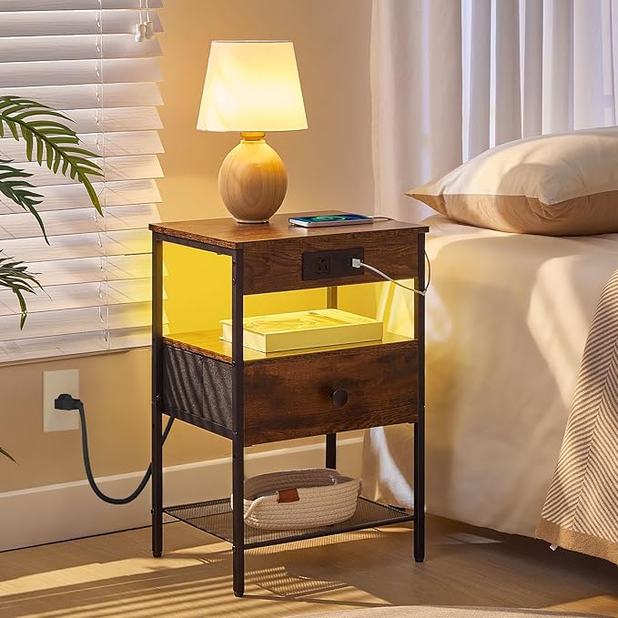 HOOBRO Floating Shelves and Nightstand Bundle, Wall Mounted Shelf Set of 2, End Table with Charging Station, BF40BJ01-BF209UD