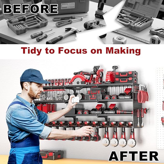 52" W Large Power Tool Organizer Wall Mount -12 Drill Holder for Garage,4 Layer Heavy Duty Power Tool Rack,Tool Organizer Sto