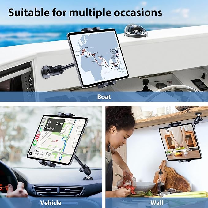 CreaDream Aluminum Tablet Mount for Truck, Tablet Holder for Car, Angle Adjustable with Drill Base, iPad Car Holder for Dashboard, Wall, Boat, Vehicle, Compatible with 4.7"-13" Tablets, iPads, Phones