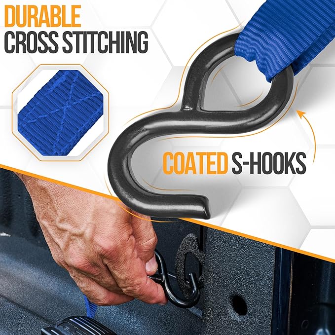 FORTEM Ratchet Straps, Tie Down Strap Set 1650lb Break Strength, 4 Pack 15ft x 1in, 4 Soft Loops, Moving Straps Tie Downs, Cargo Cam Buckles for Trucks, Carry Bag, for Men