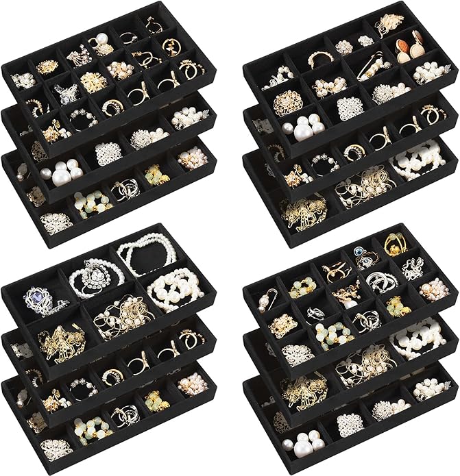 Junkin 12 Pcs Jewelry Tray Velvet Stackable Jewelry Organizer Trays Divided Earring Accessories Storage Containers Box (Rose 