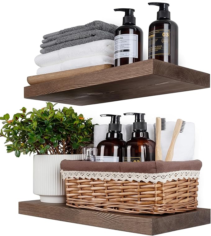 BGMG Wood Floating Shelves for Wall 16 inch Set of 2, Rustic Wooden Wall Mount Shelves for Living Room Bedroom Kitchen Farmho