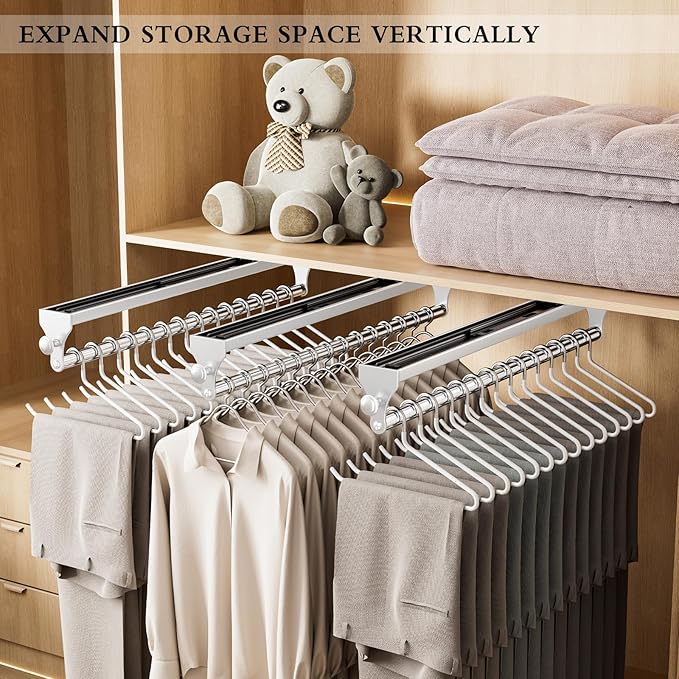 2 Pack Pull Out Closet Valet Rod, Heavy Duty Adjustable Closet Rod, 13.7inch Telescopic Pant Rack, Space Aluminum Clothes Han