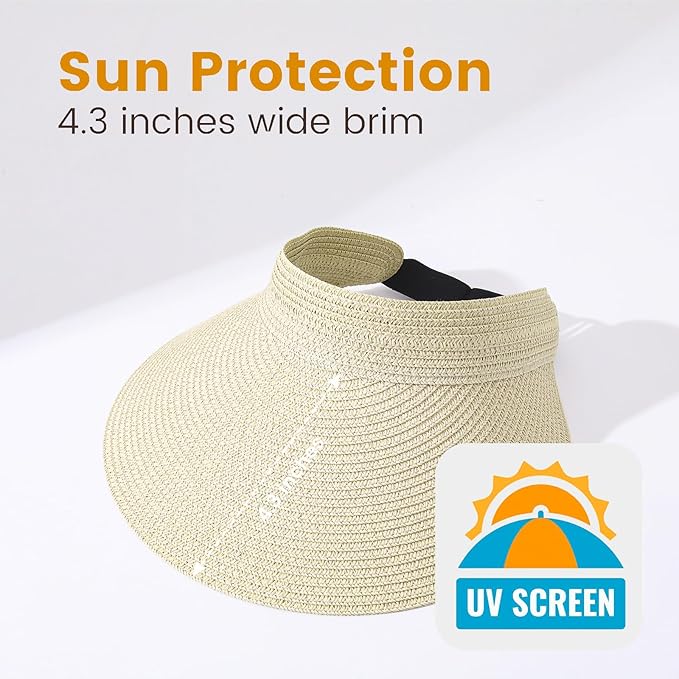 Sun Visor Hat for Women, Wide Brim Straw Summer UV Protection Hat, Foldable Roll-up Packable Beach Cap
