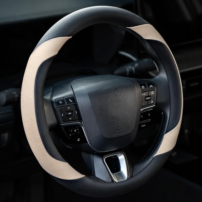 West Llama Customized Auto Car Steering Wheel Cover for Chevy Silverado, Tahoe, Equinox, Traverse, Trailblazer, Colorado(Black+Beige - Standard Size)