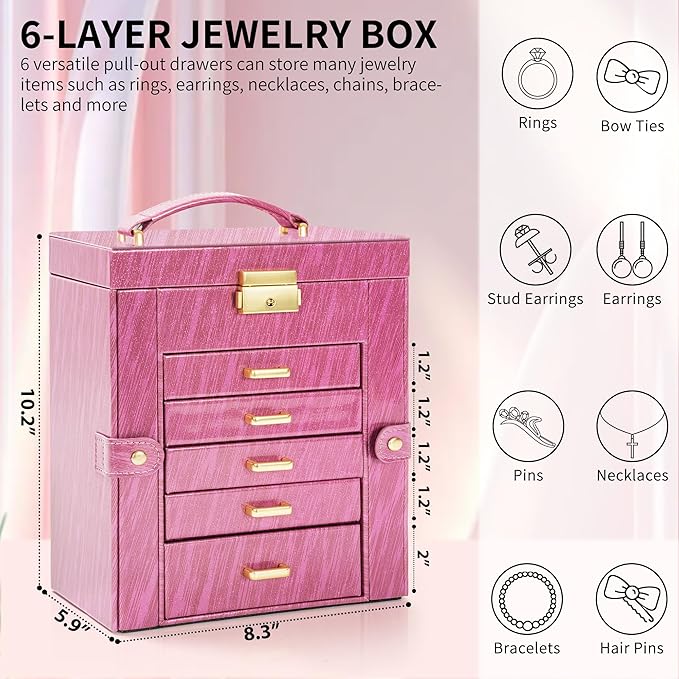 AKOZLIN 6-Tier Jewelry Box Lockable Leather Jewelry Storage Case with 5 Drawers for Women Girls Ring Necklace Earring Bracele