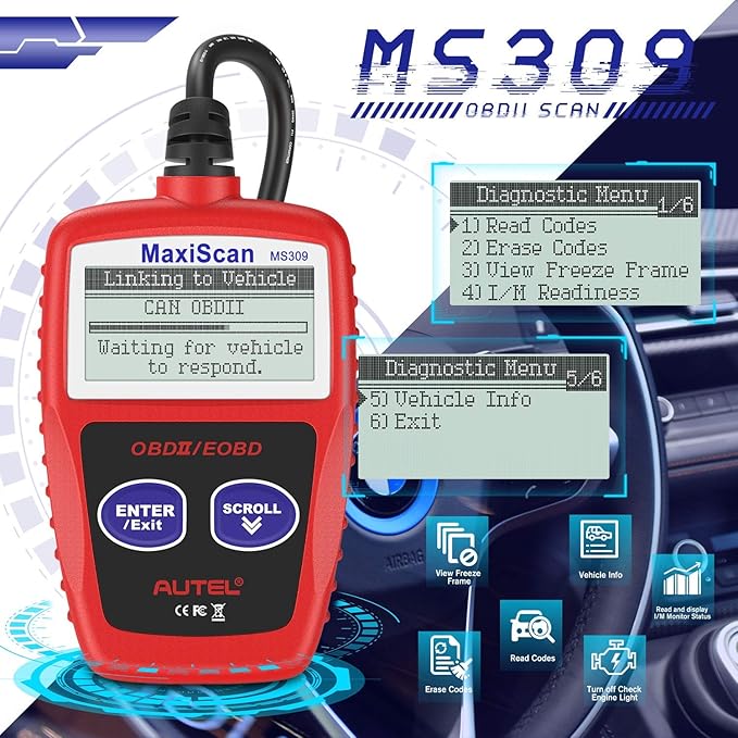 Autel OBD2 Scanner MS309 Universal Car Engine Fault Code Reader, Check Engine Light and Emission Monitor Status, OBDII CAN