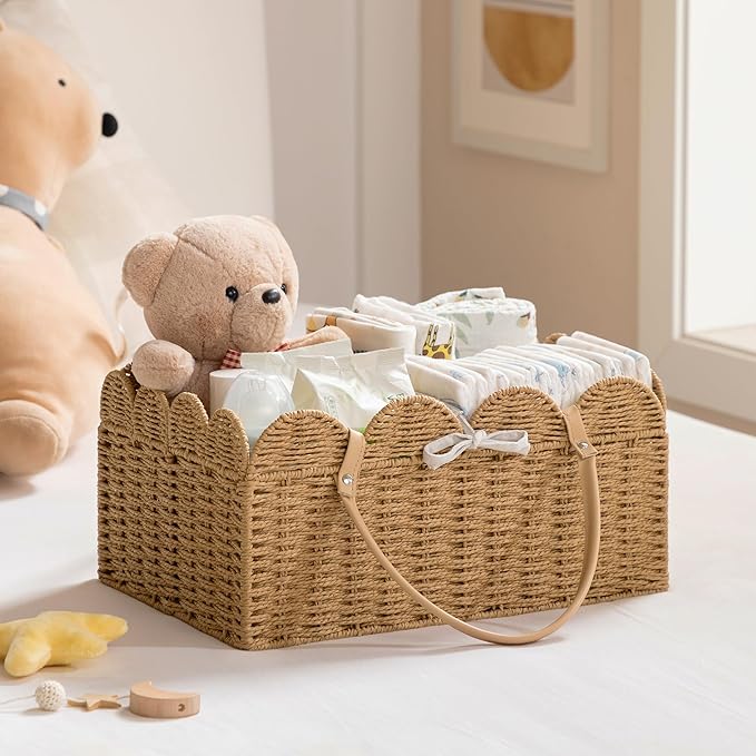 HBlife Large Baby Diaper Caddy, Paper Rope Scalloped Storage Baskets Nursery Bin with Removable Divider, Portable Car Organiz