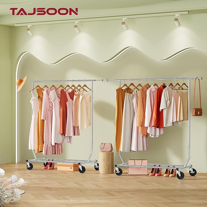 Tajsoon Clothing Rack Heavy Duty Clothes Racks Foldable Garment Rack with Wheels and Extendable Rod, Collapsible Clothing Rac