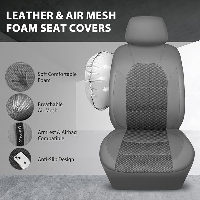 CAR PASS Leather Car Seat Covers Breathable Seat Cover Full Sets Airbag Compatible for Most Cars, SUVs, Trucks, and Vans (Ful