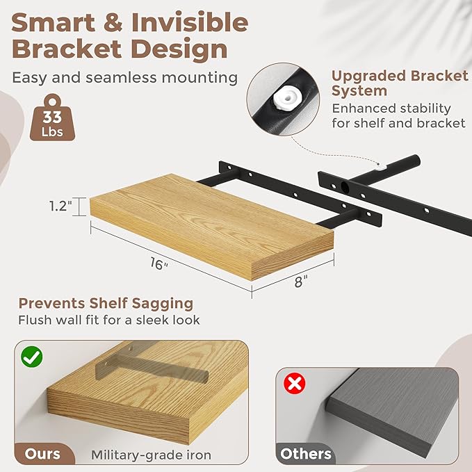 16 Inch Floating Shelves for Wall Set of 2, 8"D Wood Grain Bathroom Shelves with Invisible Brackets, Easy Install Engineered 