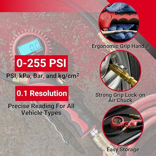 Heavy-Duty Digital Tire Pressure Gauge with Inflator, Clip-on Air Chuck, 20” Air Hose, Easy to Read 0.1 Display, Pistol Grip Handle, Max 255 PSI, 1/4" NPT, Assembled in USA