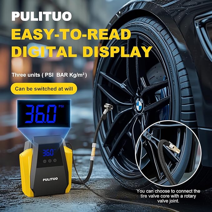 PULITUO Tire Inflator Portable Air Compressor - Car Accessories 12V DC Air Pump for Car Tires with Digital Pressure Gauge, Emergency LED Light for Wheel, Bike, Ball, Motor