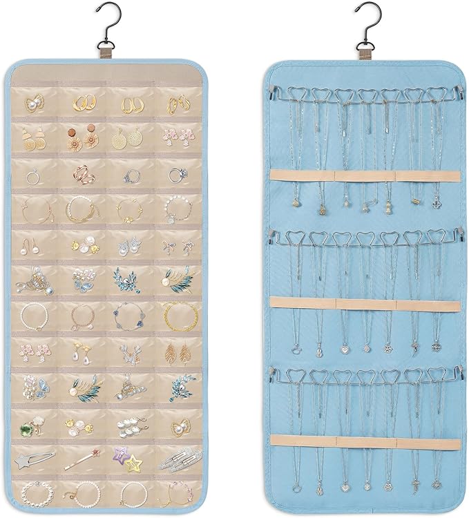 Dynoro Double-Sided Hanging Jewelry Organizer, Large Teal Storage Roll for Earrings, Necklaces, Rings, 48 Pockets 21 Hooks, D