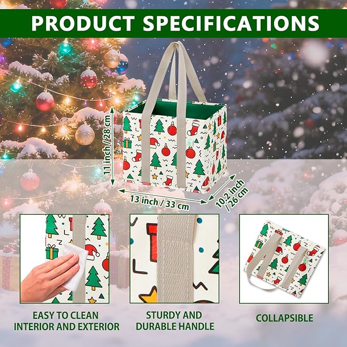 VENO 3 Pack Christmas Reusable Grocery Bags, Shopping Bags for Groceries, Tote with Handles and Hard Bottom, Foldable Shopping Cart Organizer, Water Resistant, Heavy-Duty (Jingle Mix, 6 Gallon)