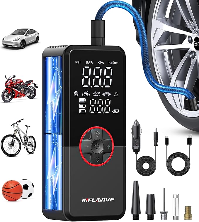 Tire Inflator Portable Air Compressor, 3X Fast Inflate Cordless Air Pump for Car Tires with LED Light, 150PSI Portable Electric Pump with Digital Pressure Gauge, for Bike Motorcycle Car Ball
