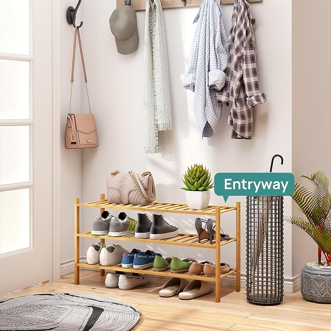viewcare 3-Tier Long Shoe Rack, Bamboo Wood Shoe Rack for Closet, Entryway & Hallway, Stackable | Beautiful | Functional | St