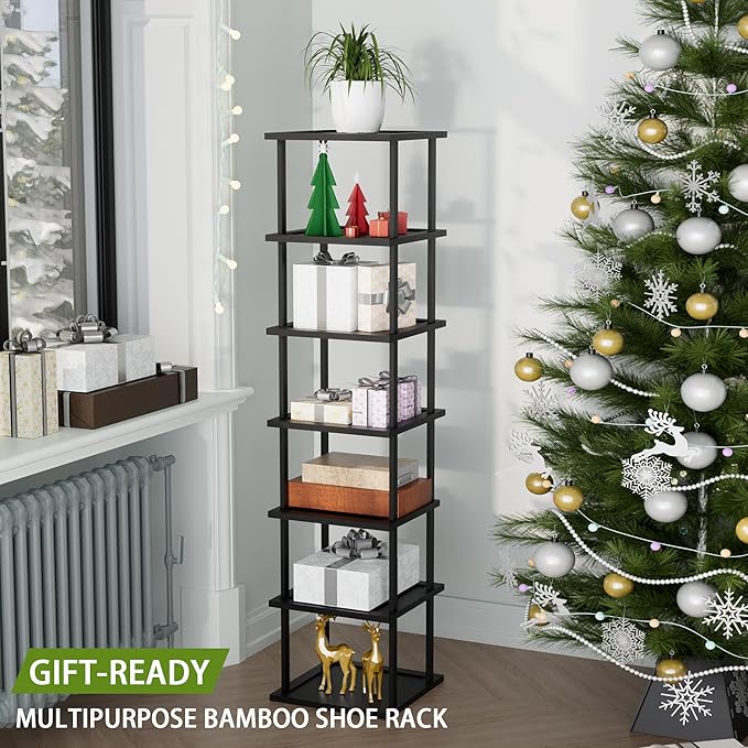 Vertical Tall Shoe Rack Organizer for Entryway -7 Tier Free Standing Slim Narrow Bamboo Wood Corner Stackable Shoe Boots Stor