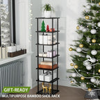Vertical Tall Shoe Rack Organizer for Entryway -7 Tier Free Standing Slim Narrow Bamboo Wood Corner Stackable Shoe Boots Stor