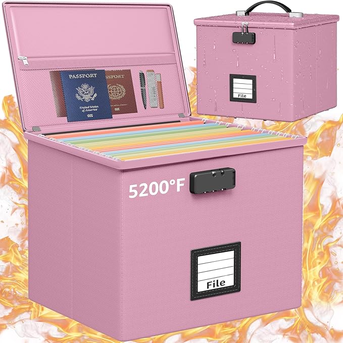 Pink Fire Proof File Box for Documents - Portable Fireproof Document Organizer Box with Handle Waterproof Safe Locking Folder