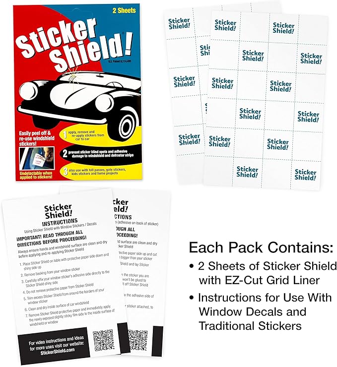 STICKER SHIELD - Windshield Sticker Applicator for Easy Application, Removal and Re-Application from Car to Car - 4 inch x 6 