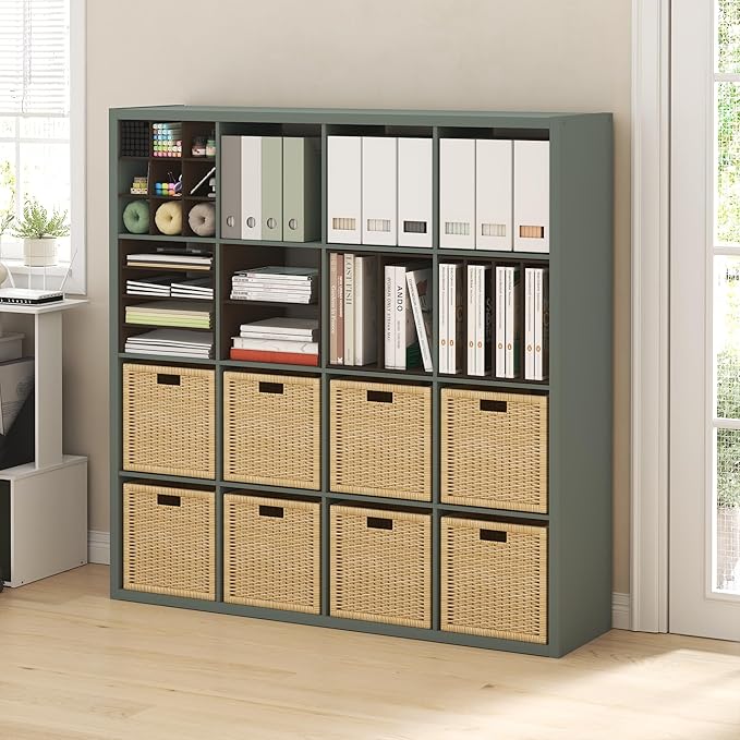 Furinno Cubicle Book Shelf, 16-Cube Bookshelf, Extra Thick Frame Reversible Bookcase with Open Back, 14.6" x 58" x 58", for L