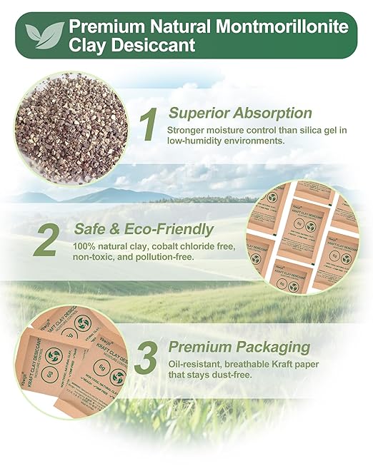 6 Gram (100 Pack) Kraft Clay Desiccants Packs, Premium Food Grade Desiccant - Rechargeable Moisture Absorbers for Food