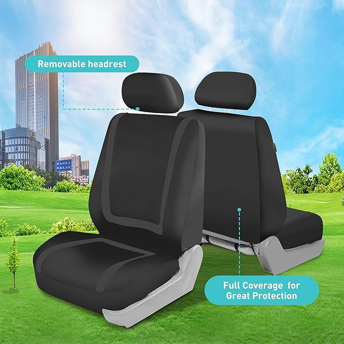 FH Group Unique Flat Cloth Full Set Car Seat Covers w. Silicone Steering Wheel Cover- Universal Fit for Most Cars, Trucks, SUVs or Vans (Black)