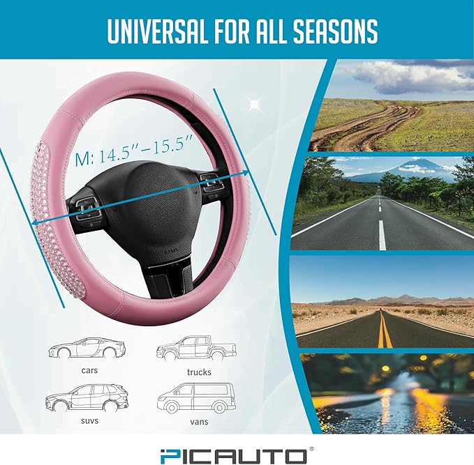 PIC AUTO Steering Wheel Cover, Glitter Gel Particles & Pink Luxury Leather Car Steering Cover, Universal Fit 14.5"-15.5" Anti