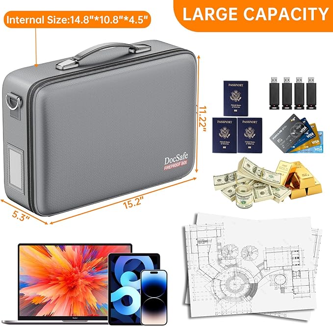 DocSafe Fireproof Document Box with Lock＆Shoulder Strap,Hard Case File Organizer with Accordion File Folder,Multi-Layer Porta
