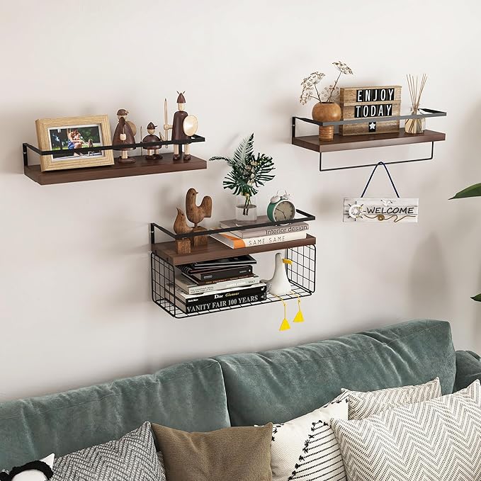 Bathroom Floating Shelves Wall Mounted - 3+1 Tier Rustic Wooden Bathroom Wall Shelves Over Toilet with Wire Storage Basket&To